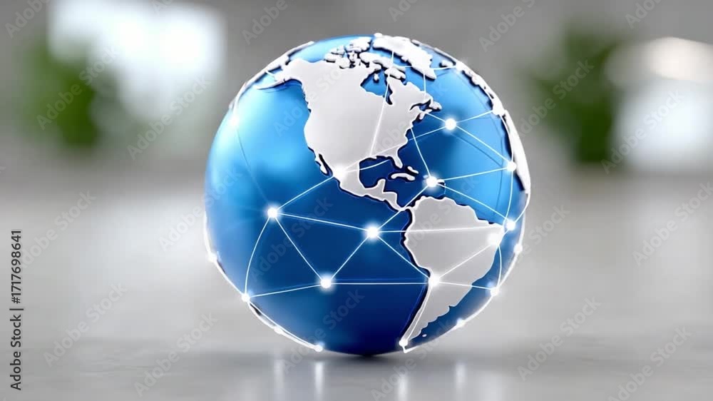 Poster global connectivity: the blue-marbled globe, intricately interwoven with a network of glowing connec