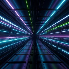A futuristic tunnel design with vibrant neon lights, showcasing a striking perspective and dark metallic structure.