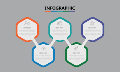 modern infographic design template with five colorful hexagonal shapes connected by lines showing research idea strategy process goal