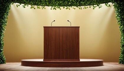 Eye catching realistic podium stand background with leaves design. 4