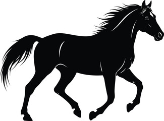 Black horse silhouette, running stallion vector, elegant animal motion, trotting horse clipart, wild equine shape, graceful horse design, stock illustration