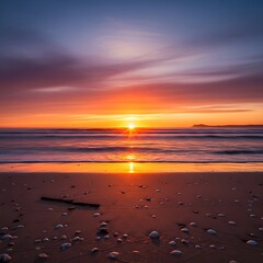 A vibrant sunrise paints the sky over a tranquil beach, showcasing a beautiful array of colors and soft waves gently lapping at the shore.