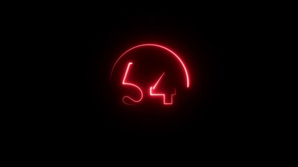 Abstract neon number 54. Countdown to 54 glowing on black background. Seamless loop animation. - Powered by Adobe