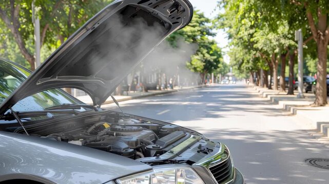 A silver car is broken down on the side of a road with its hood open and steam rising from the engine, indicating overheating on a sunny day.