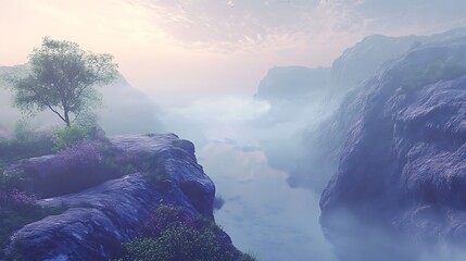 Misty valley with calm river view high resolution picture
