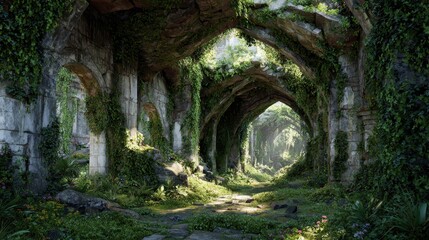 Naklejka premium Overgrown ancient cathedral ruins with stone arches and columns covered in lush green ivy and foliage.