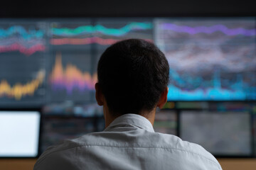 Back view of person analyzing financial data on multiple screens