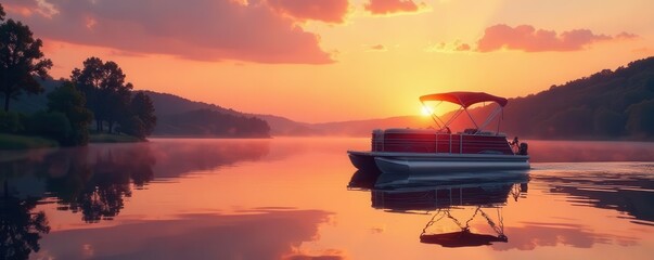 A tranquil scene of a pontoon boat floating on a serene lake at sunset, with the sky painted in warm hues of orange and pink , water, pink