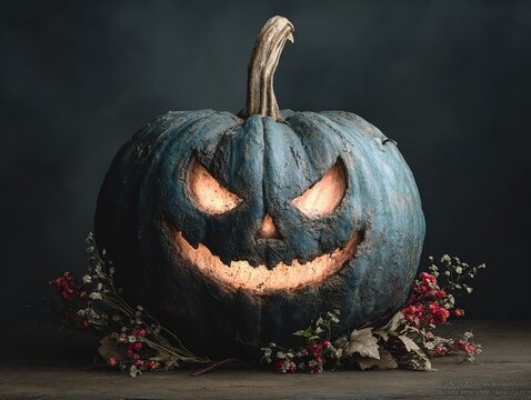 Halloween Carved-Face Pumpkin: Isolated on Black Background, 3D Render Close-Up (4K, Ultra-Realistic, High Detail, Agfa Vista Plus 200 Style)