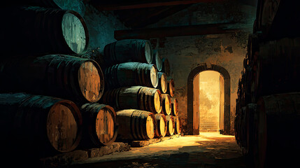 Dark, atmospheric illustration of a traditional Port wine cellar in Vila Nova de Gaia, rows of large wooden barrels fading into the shadows, golden light spilling through an arched doorway