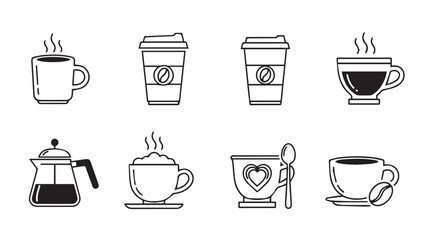 Collection of delicious coffee beverage icons representing various hot drinks and brewing methods silhouette