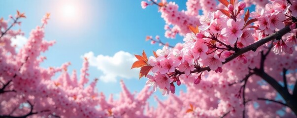 Blooming cherry blossom trees in a lush spring garden, vibrant pink flowers against a clear blue sky , landscape, clear sky
