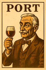 Vintage style advertising poster for Port Wine with an old man with a glass of Port