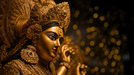Golden Face of Goddess Durga on Dark Festive Background – Hindu Festival Navratri and Dussehra Concept