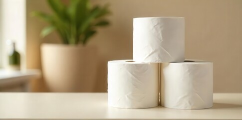 Three rolls of soft white toilet paper stacked on a beige table in a bathroom with room perfume in the background , decor, toilet paper