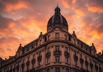 Obraz premium Grand Building with Dome at Sunset – Dramatic Sky and Historic Architecture