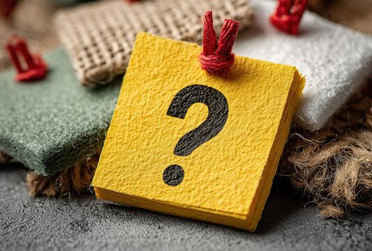 A square yellow felt memo pad with a question mark on it, surrounded by various textured materials.