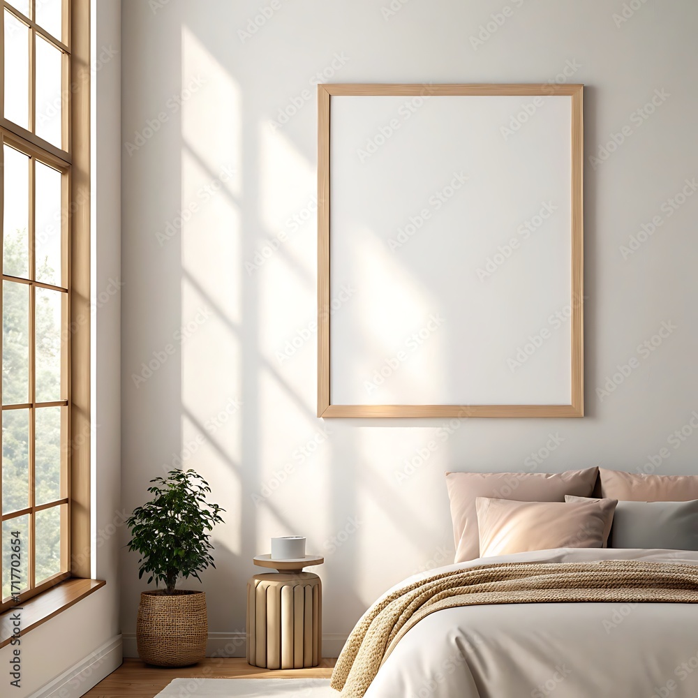 Poster blank picture frame mockup on a wall above a bed with pillows and a blanket next to a window empty