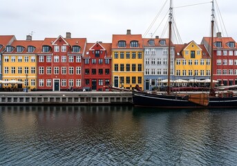 Obraz premium Colorful Historic Buildings Along Waterfront – Scenic Harbor Town View