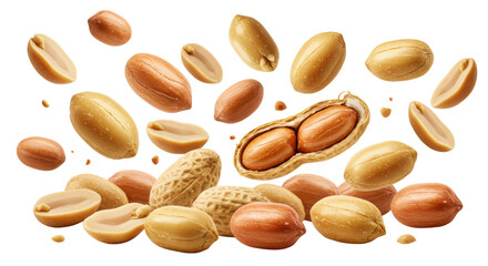 Obraz premium Roasted golden-brown peanuts, whole and split, dynamically scattered mid-air, intricate texture, crisp studio lighting on a transparent background with copy space, energetic commercial food concept