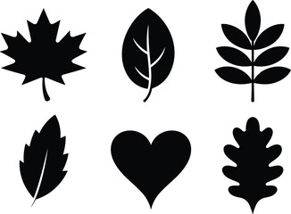 Six Black Silhouette Icons Of Leaves And Heart On White Background leaf