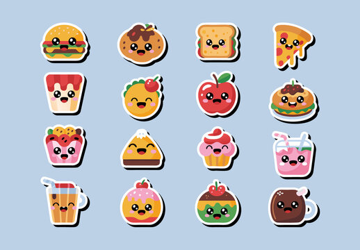 Cute Cartoon Food and Drink Stickers Set