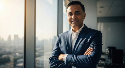 Obraz premium happy indian businessman standing confidently at office