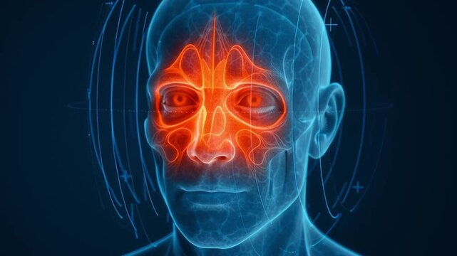Human face sinus anatomy digital medical illustration with glowing red inflammation or infection, medical hologram showing highlighted sinus area, futuristic healthcare concept, blue background