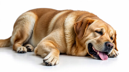 Fat labrador retriever resting and panting, set on a plain white background