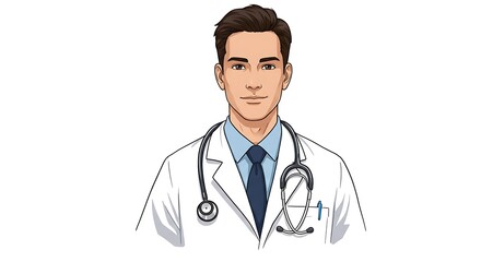 Fototapeta premium A young male doctor wearing a white coat and stethoscope, isolated on white background
