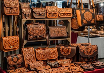 Hand-crafted leather bags and accessories in warm brown and orange tones, displayed on wooden shelves at a market stall.