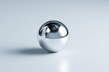Polished chrome hollow sphere with distorted reflections on a clean white surface.