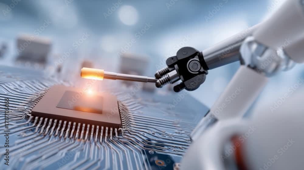 Aufkleber robotic precision in electronic assembly: a robotic arm precisely works on a circuit board, highligh