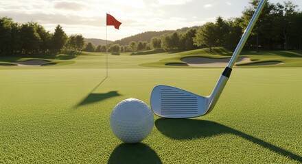 Golf club and ball near flag on putting green at sunset