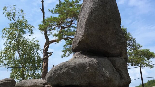 Rock formation on the top of the mountain - Husyckie Skały (Hussite Rocks) with a height of 565 m above sea level, located in southwestern Poland in the Rudawy Janowickie Mountains (Western Sudetes) 