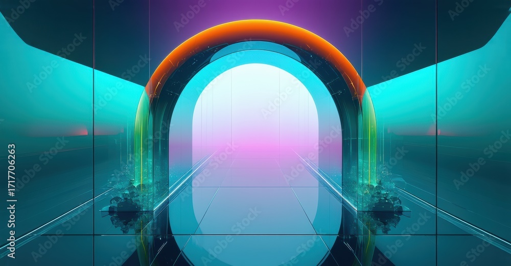 Poster futuristic corridor features vibrant archway. light glows, creating symmetrical reflections. minimal