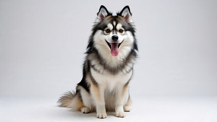 A pomsky dog sitting and panting against a plain white background, showcasing its fluffy coat and playful demeanor