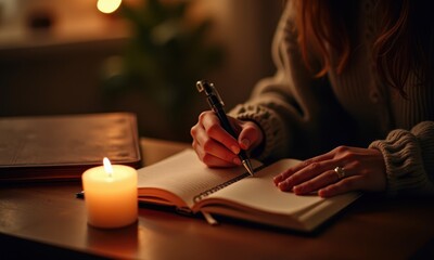 Woman Writing in Notebook by Candlelight in Cozy Atmosphere