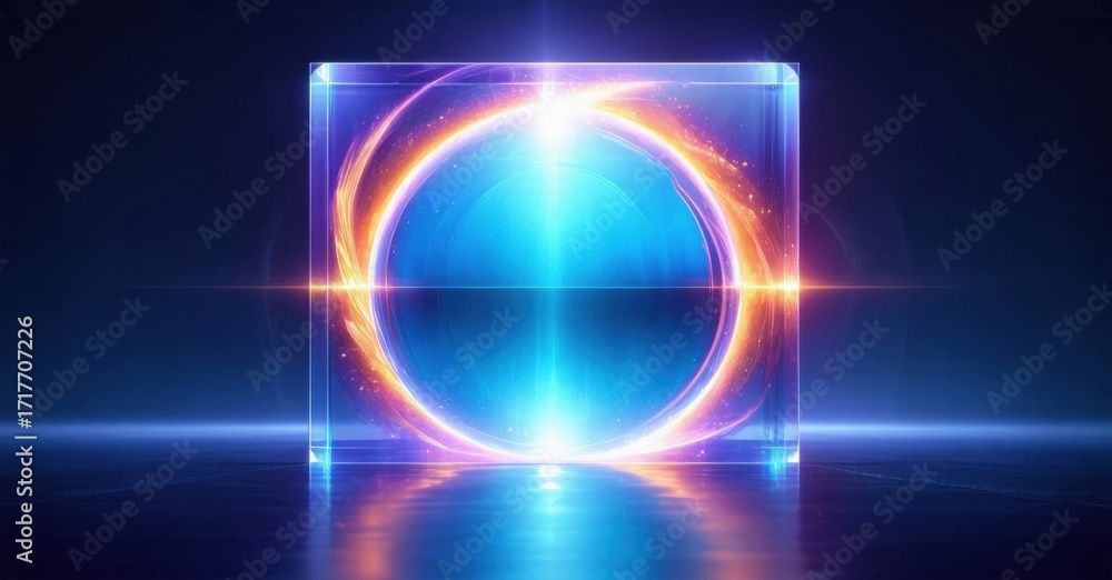 Poster glowing cube contains concentric circles. bright light emanates from center, reflecting on dark surf
