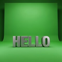 Metallic gray letters spelling out the word "hello" against a vibrant green  backdrop.