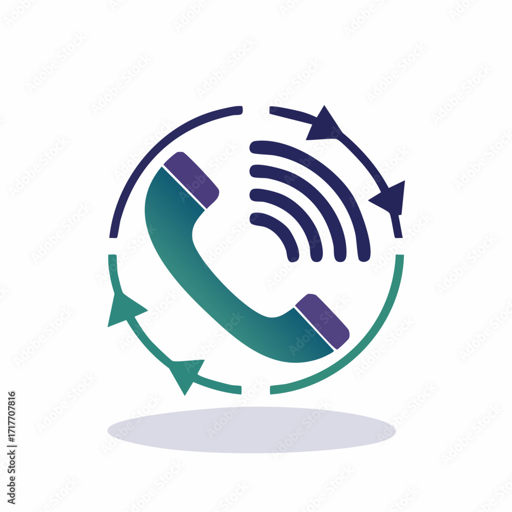 Poster Telephone receiver with signal waves and circular arrow loop communication icon