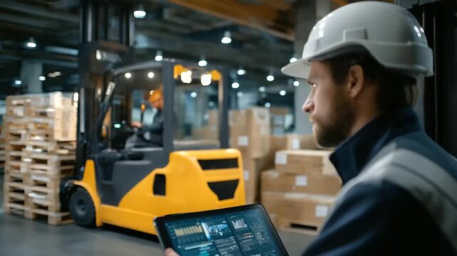 A factory worker monitors a robotic palletizer in a shipping warehouse with pallets stacking forklifts moving a digital dashboard updating and boxes sealed nearby captured