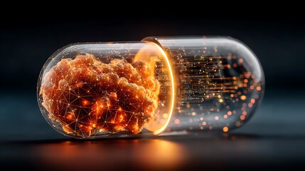 Futuristic transparent capsule contains a glowing cellular mass connected with vibrant digital circuits and binary code