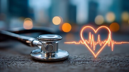 Gleaming stethoscope rests beside radiant heart rhythm on textured surface reflecting urban backdrop