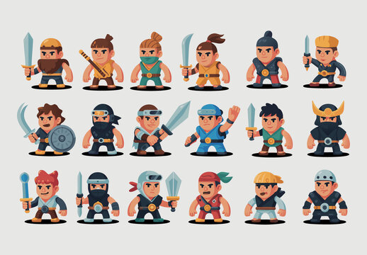 Warrior and Ninja Game Characters Vector Set Cartoon Fighters, Swordsmen