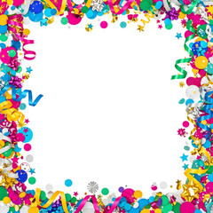 A festive and colorful party border frame made of confetti, serpentine streamers, and ribbons on a white background, perfect for celebrations