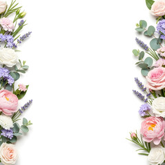 Fototapeta premium Delicate floral border with pastel pink roses, peonies, and lavender on a white background, elegant nature composition