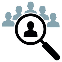 Magnifying glass highlighting one person in a group isolated on white background