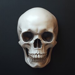 Fototapeta premium A lifelike human skull is showcased against a dark backdrop, revealing fine details