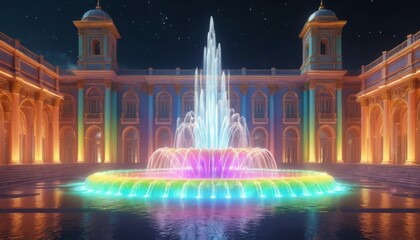 Stunning Night Fountain Display with Colorful Lights in Elegant Architecture Under Stars